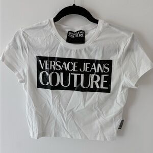 Versace Jeans Collection White Crop Tee with Black Logo Panel